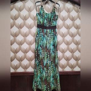 XOXO printed chiffon wide leg sheer jumpsuit green brown multi L